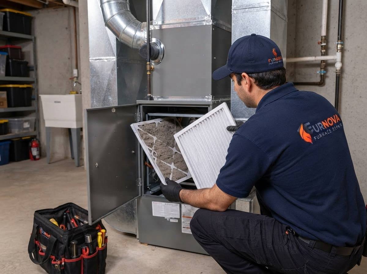 Furnova technician installing a whole-home furnace humidifier