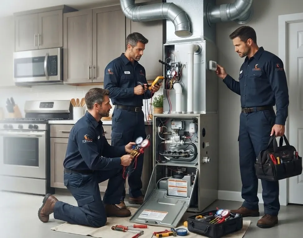 Furnova technicians diagnosing a furnace and thermostat in a Markham home