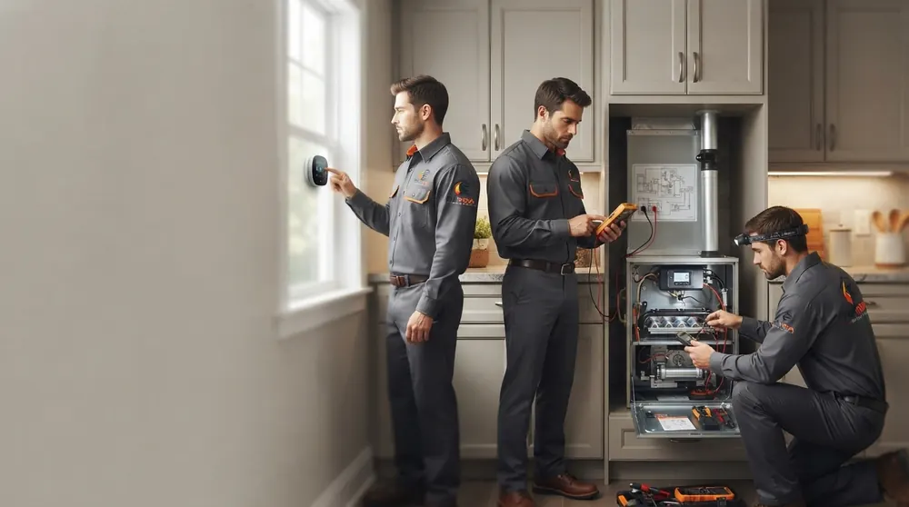 Furnova technicians repairing a furnace in a North York home