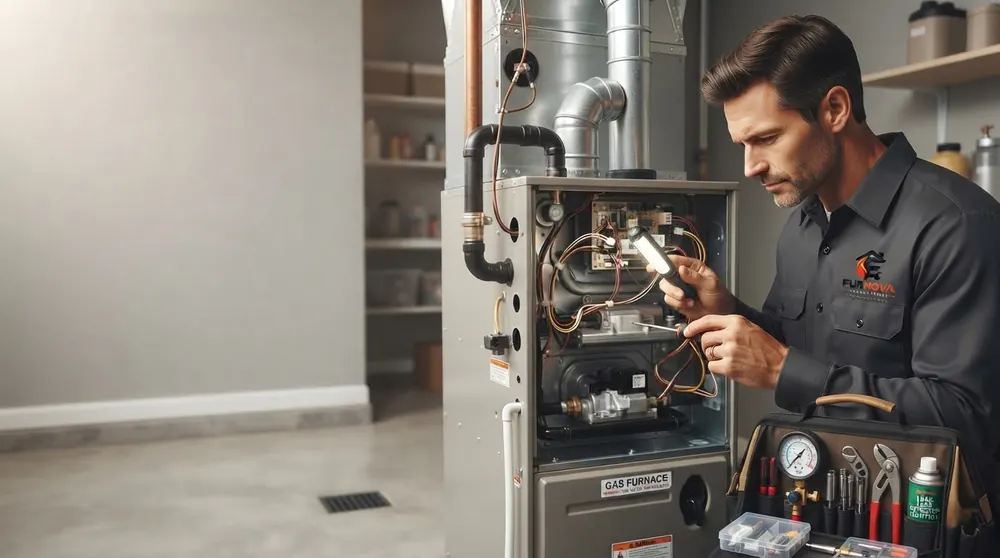 Furnova technician repairing a furnace in a Richmond Hill home
