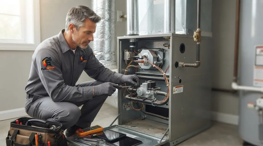 Furnova technician repairing a gas furnace ignition system
